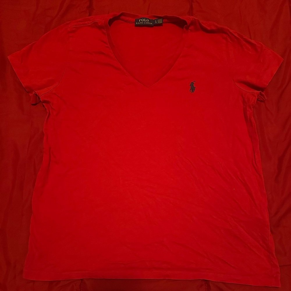Red v neck polo shirt